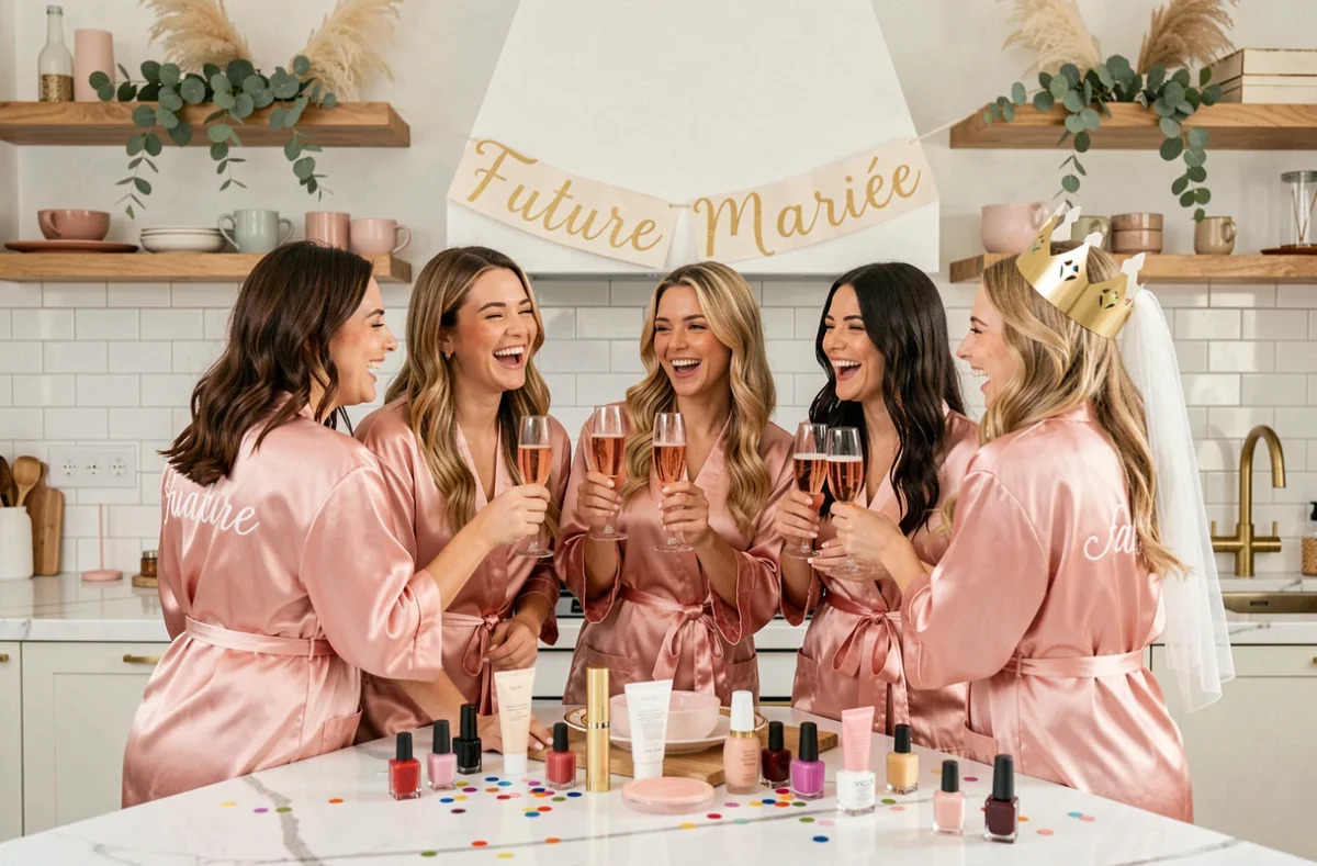 Groupe d'amies en peignoirs satin rose lors d'un EVJF à la maison autour d'un îlot de cuisine décoré