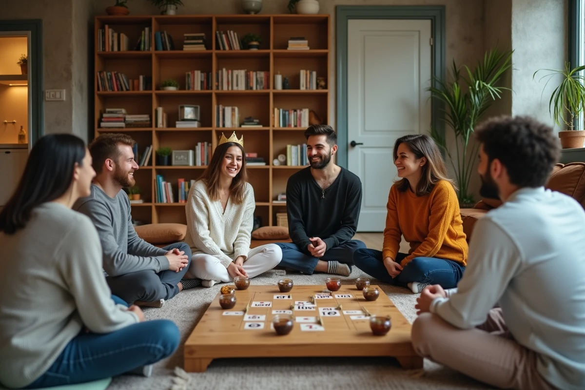 Groupe mixte jouant à des jeux de société lors d'un enterrement de vie de jeune fille à l'intérieur d'un appartement moderne