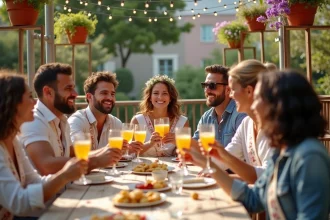 Groupe mixte d'amis célébrant un enterrement de vie de jeune fille autour d'une table en terrasse avec accessoires festifs