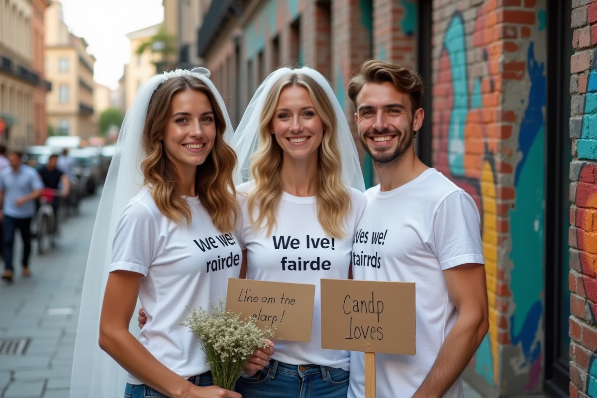 Trio mixte en t-shirts assortis célébrant un EVJF dans une rue colorée avec voile de mariée et pancartes humoristiques