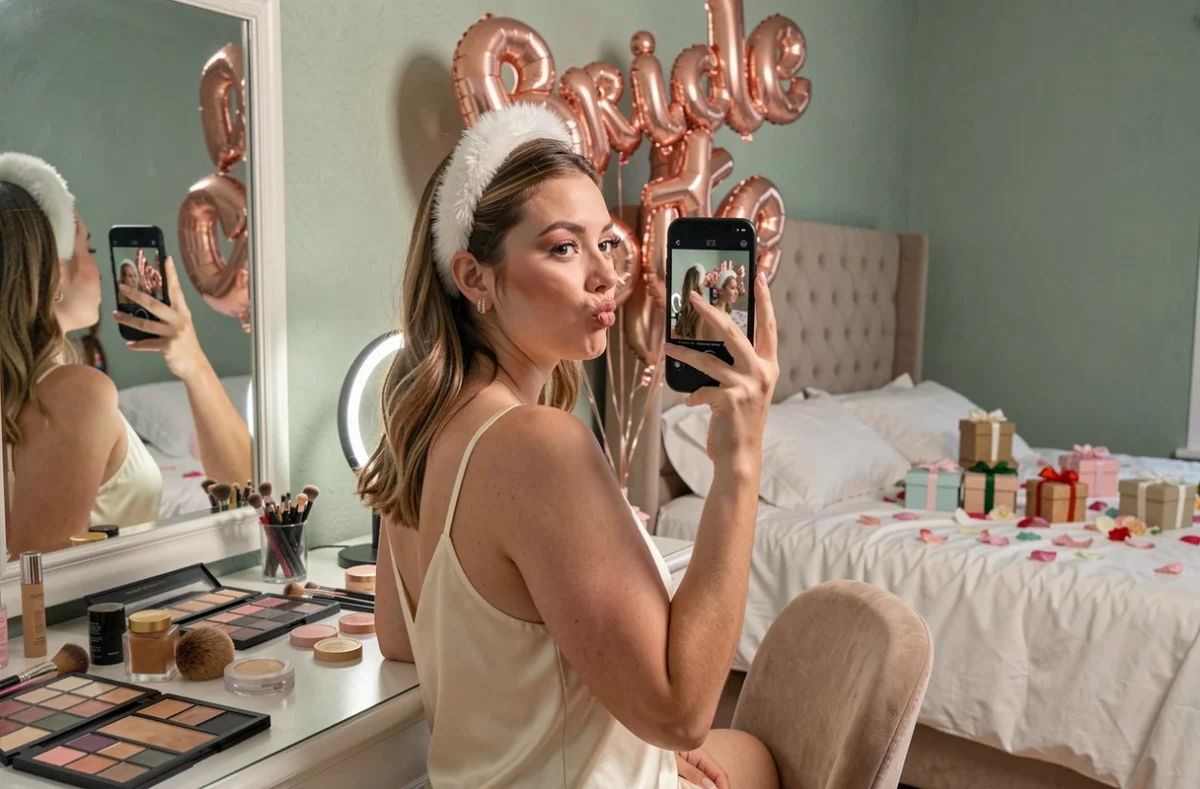 Future mariée se prenant en selfie devant une coiffeuse maquillage lors de son EVJF à la maison