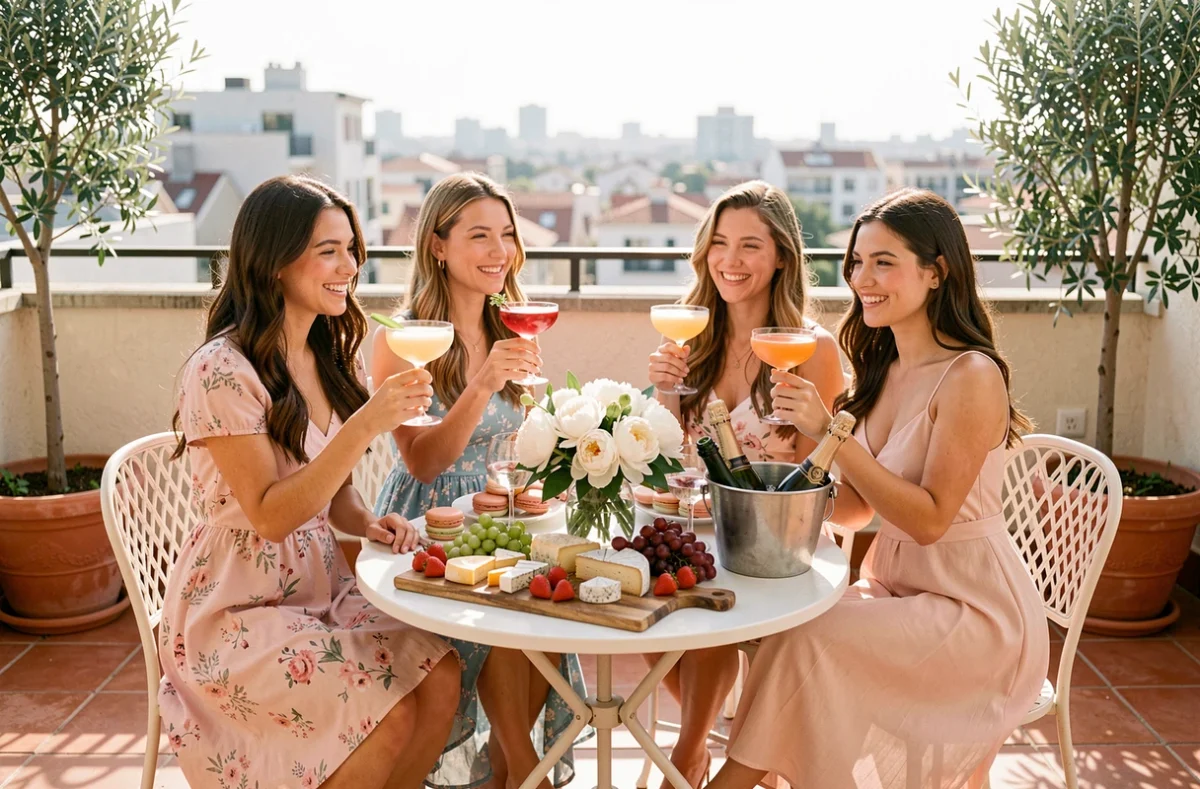 Groupe d'amies portant un toast sur une terrasse décorée avec plateau de charcuterie et champagne pour un EVJF