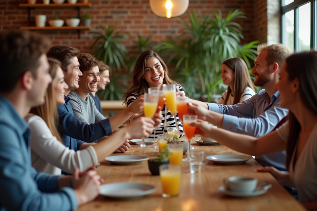 Jeune femme souriante lors d un toast entre amis en intérieur
