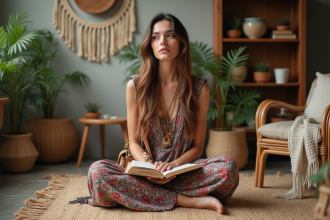 Jeune femme bohème écrivant dans un journal dans un salon cosy