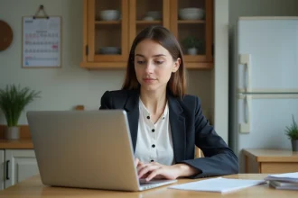 Jeune femme travaillant sur un ordinateur dans sa cuisine