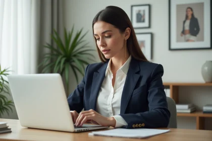 Femme en blazer navy dans un bureau moderne et lumineux
