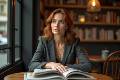 Femme en blazer lisant dans un café chaleureux