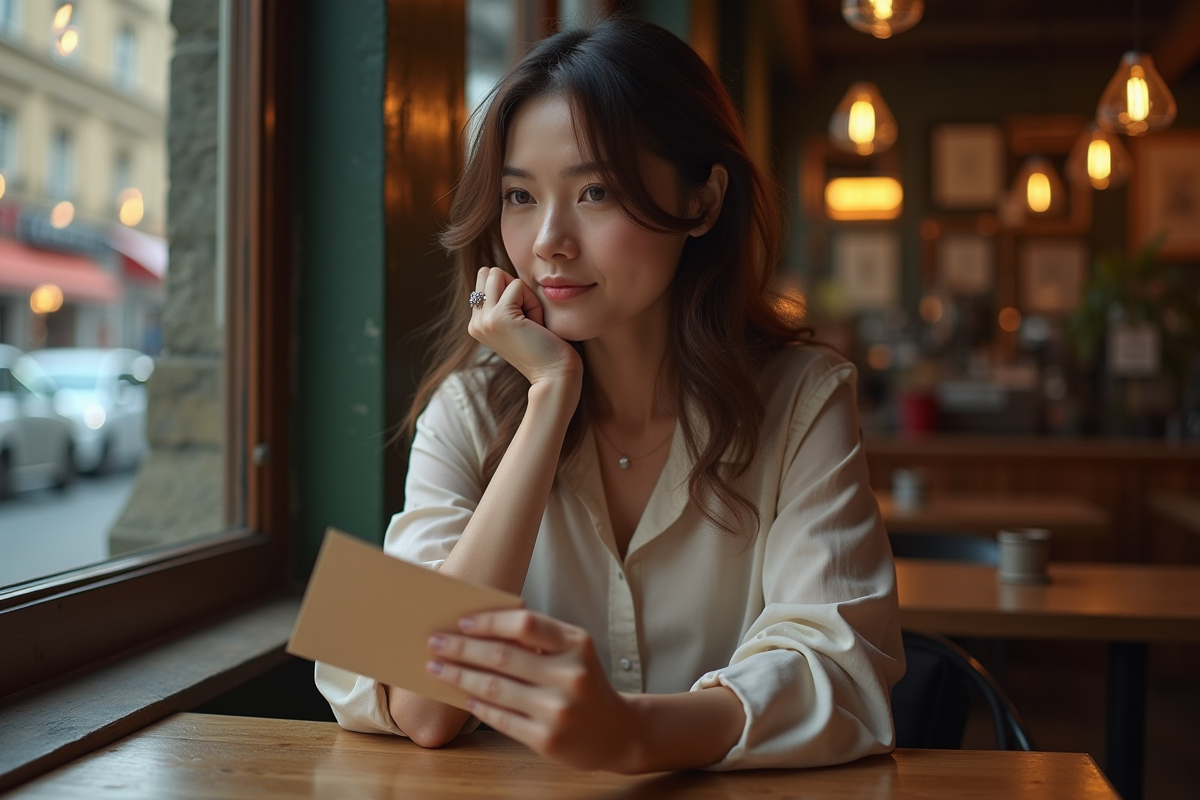 Femme seule dans un café regardant une lettre avec réflexion