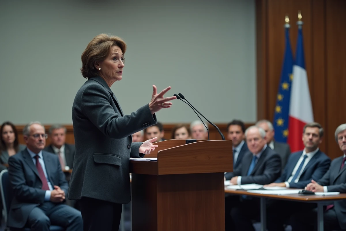Femme conférencière française prenant la parole devant un public dans une salle de conférence officielle avec drapeau tricolore, symbole d'engagement public et d'expression des convictions