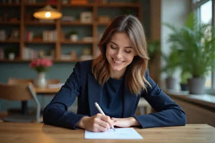 Femme souriante écrivant une carte de mariage dans un salon cosy