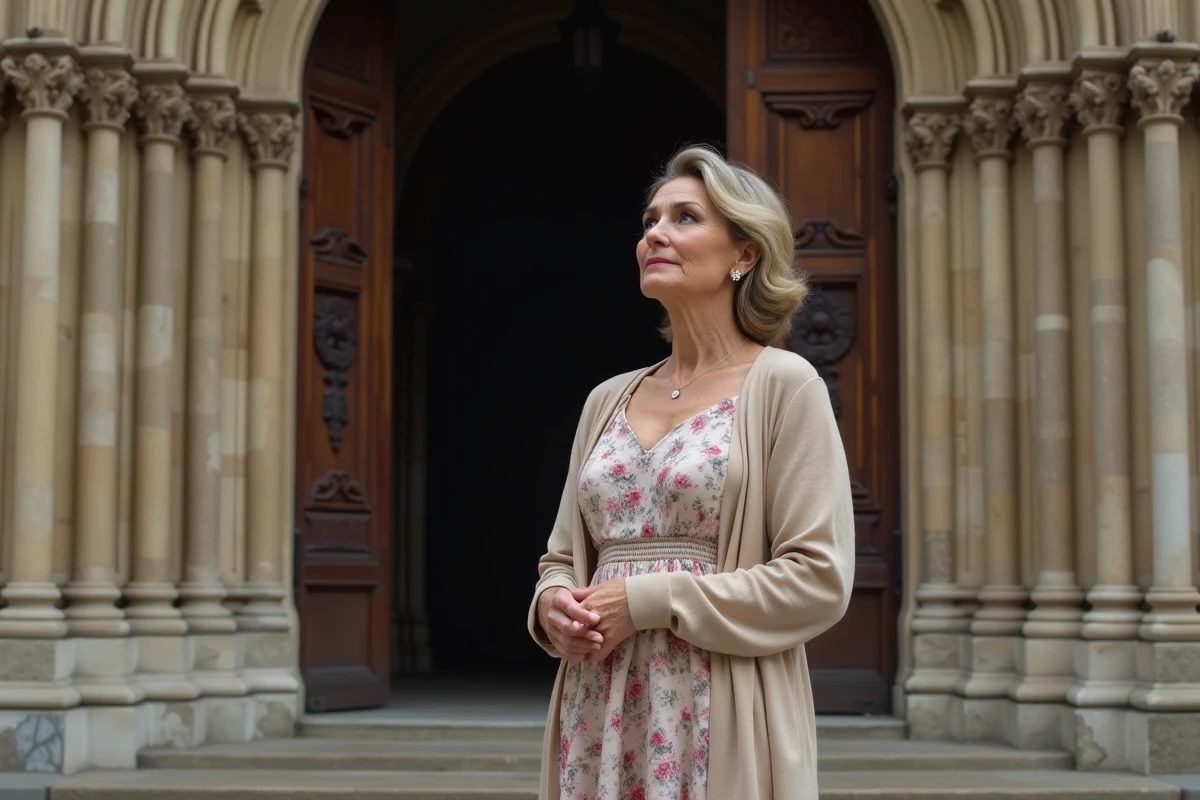Femme française devant l'entrée d'une église catholique parisienne en pierre sculptée, illustration de la foi et des convictions religieuses