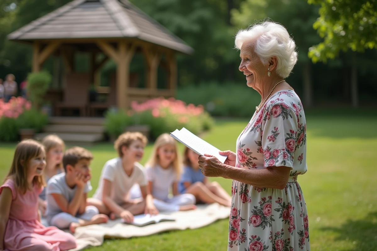 Femme âgée lisant dans un jardin en famille