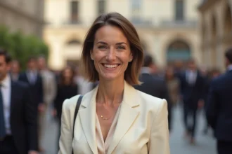 Femme élégante souriante lors d'un événement en plein air