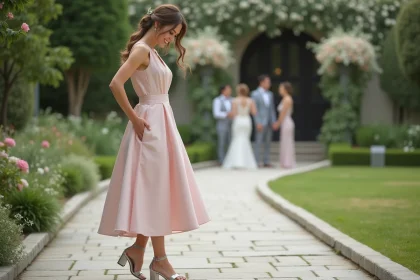 Femme en robe pastel ajustant ses sandales lors d'un mariage