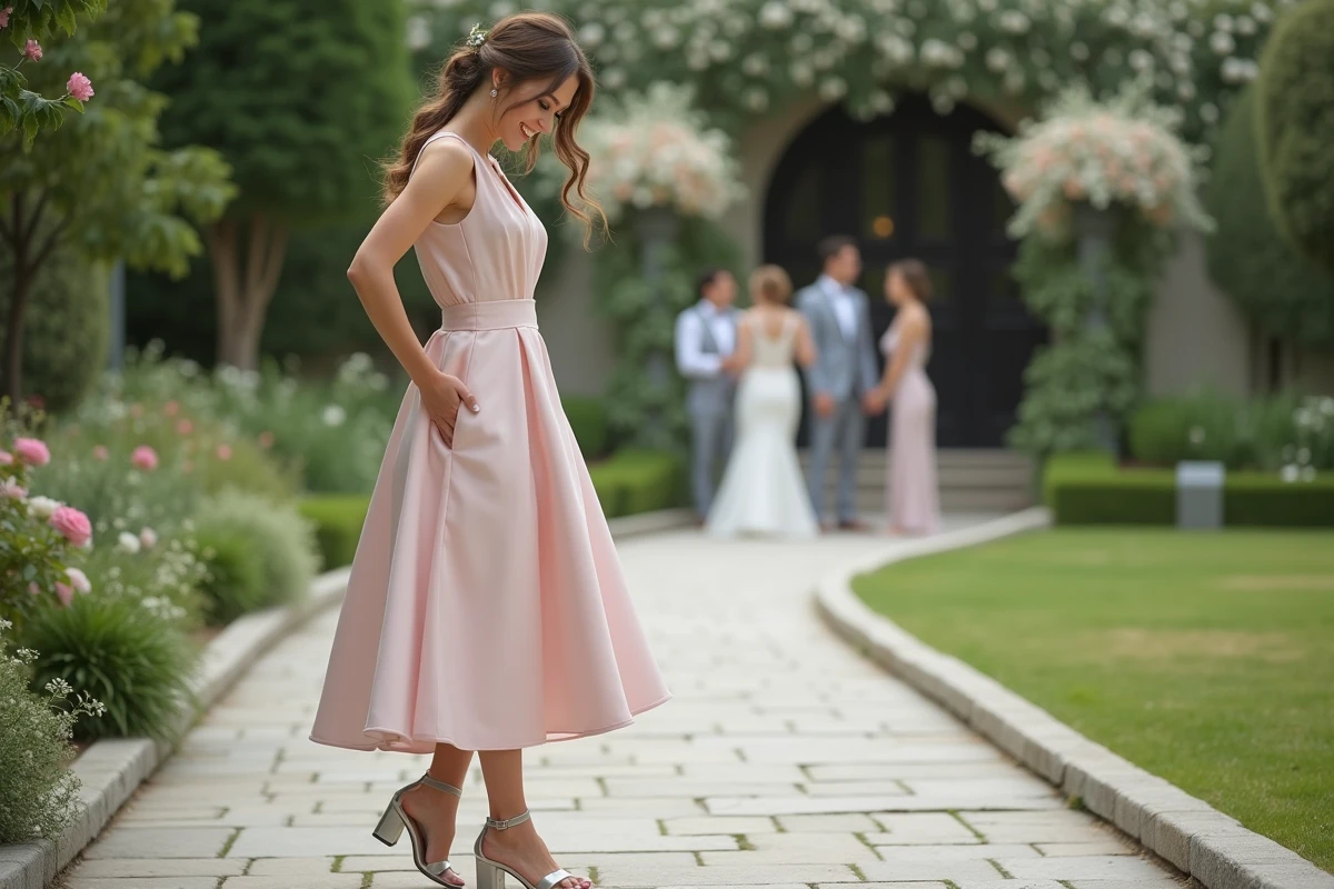 Femme en robe pastel ajustant ses sandales lors d'un mariage