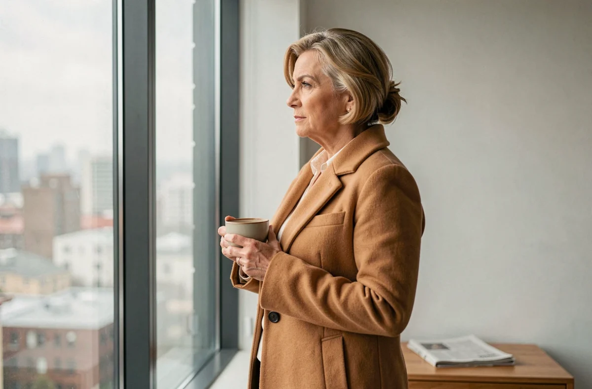 Femme élégante et pensive regardant par une fenêtre avec vue sur la ville, portrait intimiste illustrant la vie privée d'une journaliste reconnue