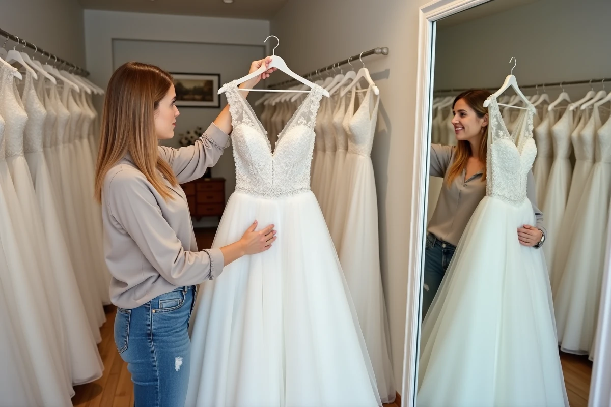 Femme essayant une robe de mariée dans une boutique à Nantes
