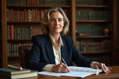 Femme journaliste française dans un bureau parisien entouré de livres, évoquant l'engagement intellectuel et éditorial de Gabrielle Cluzel