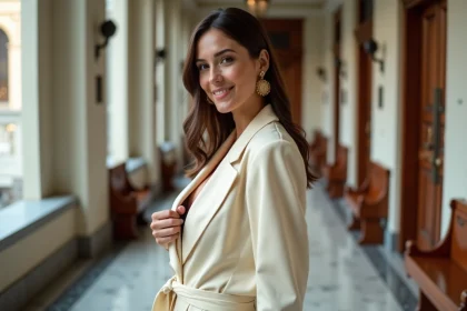 Femme en combinaison crème élégante dans un hall de mairie