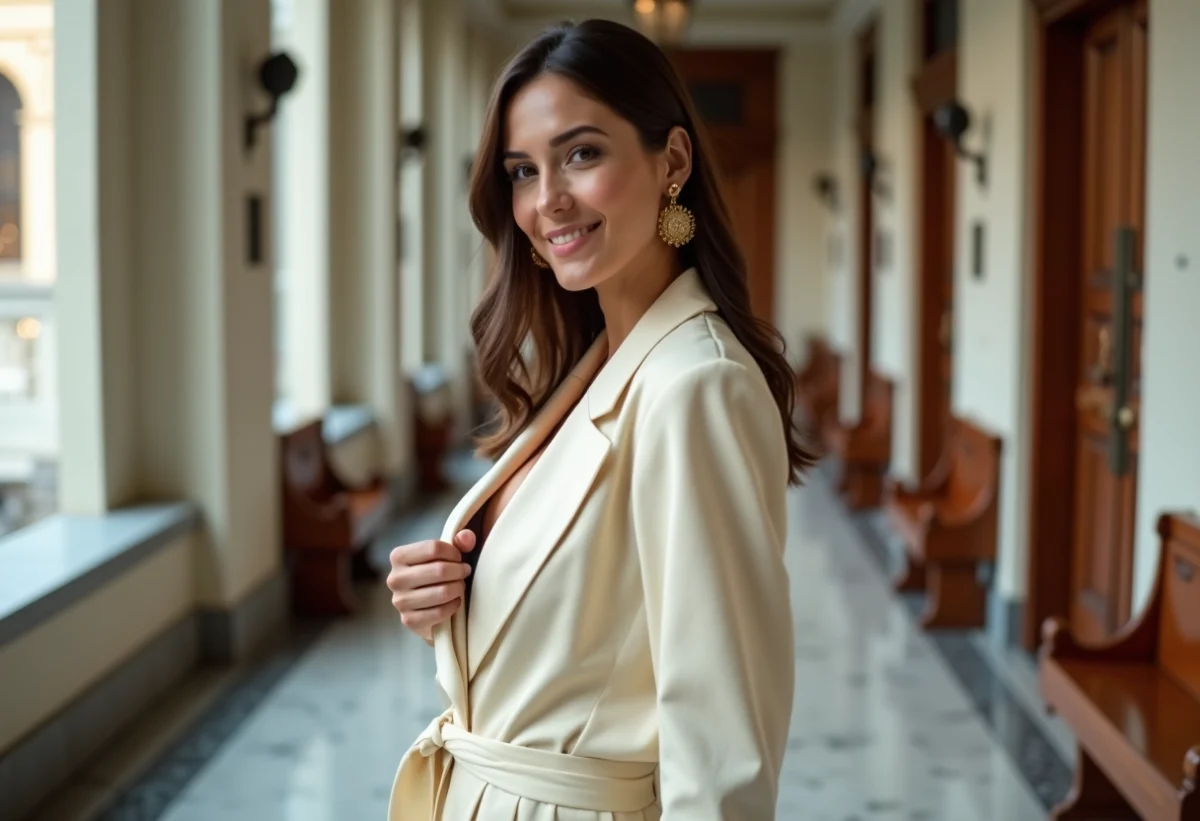 Femme en combinaison crème élégante dans un hall de mairie