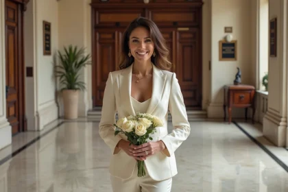 Femme élégante en blazer ivoire dans un hall de mairie