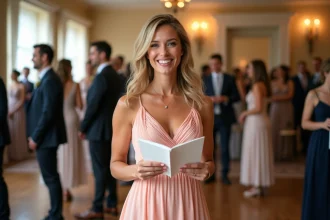 Femme souriante en robe pastel lors d’un mariage intérieur