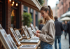 Femme regardant des photographies imprimées au marché urbain