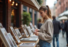 Femme regardant des photographies imprimées au marché urbain
