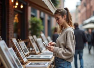 Prix photographie : combien payent les gens ? Tendances actuelles Femme regardant des photographies imprimées au marché urbain