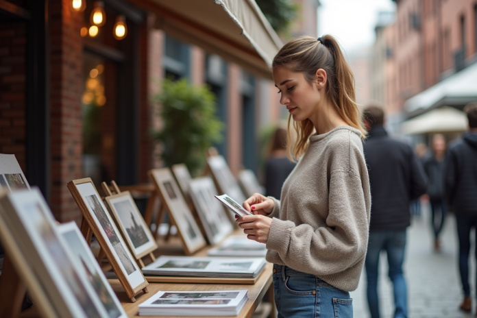 Femme regardant des photographies imprimées au marché urbain
