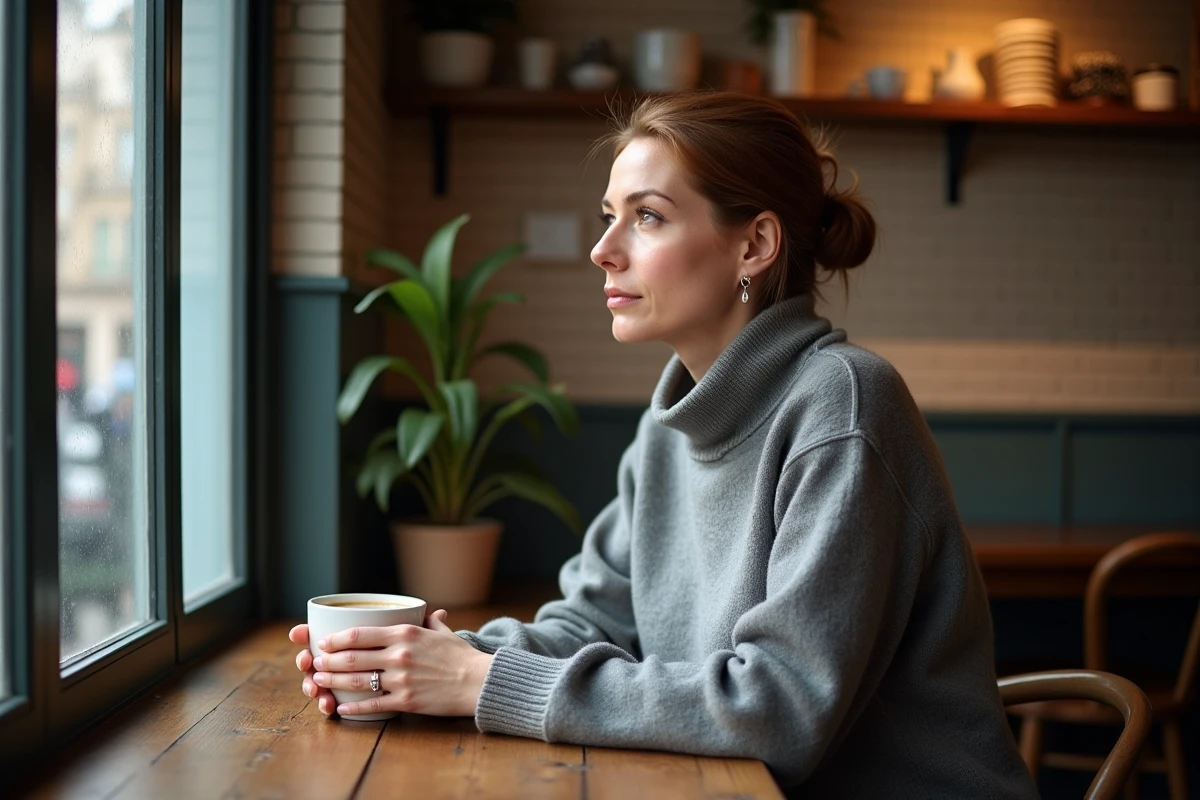 Femme médiatique pensive dans un café parisien, symbolisant l'équilibre entre présence publique et préservation de l'intimité