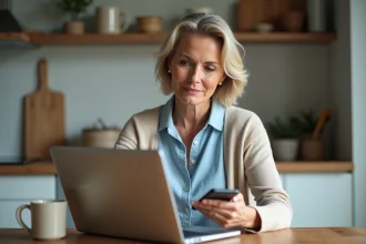 Femme d'une quarantaine utilisant un ordinateur à la maison