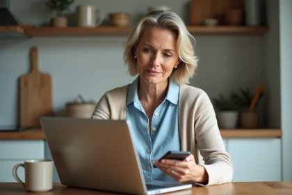 Femme d'une quarantaine utilisant un ordinateur à la maison