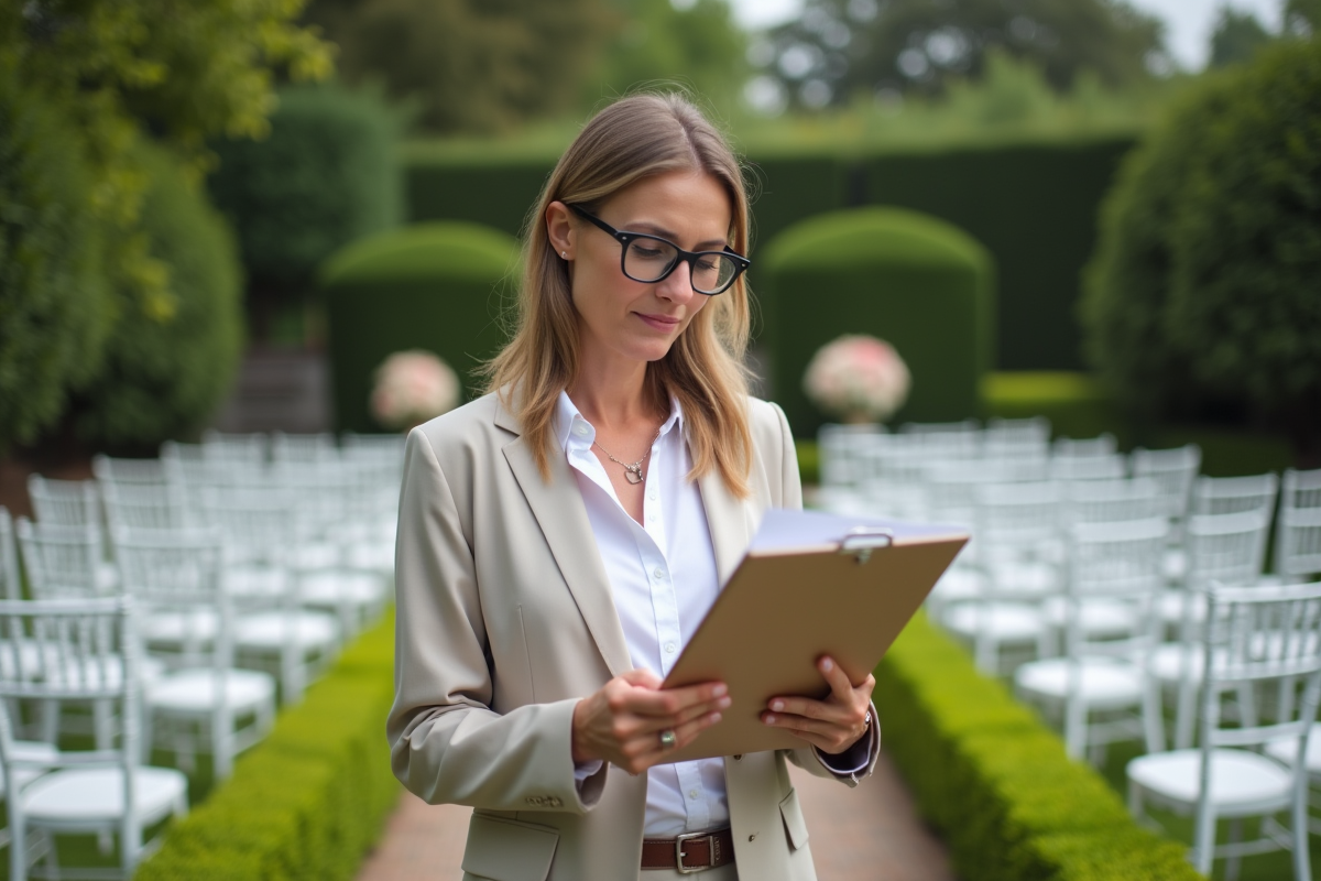 Femme organisatrice de mariage dans un jardin en pleine préparation