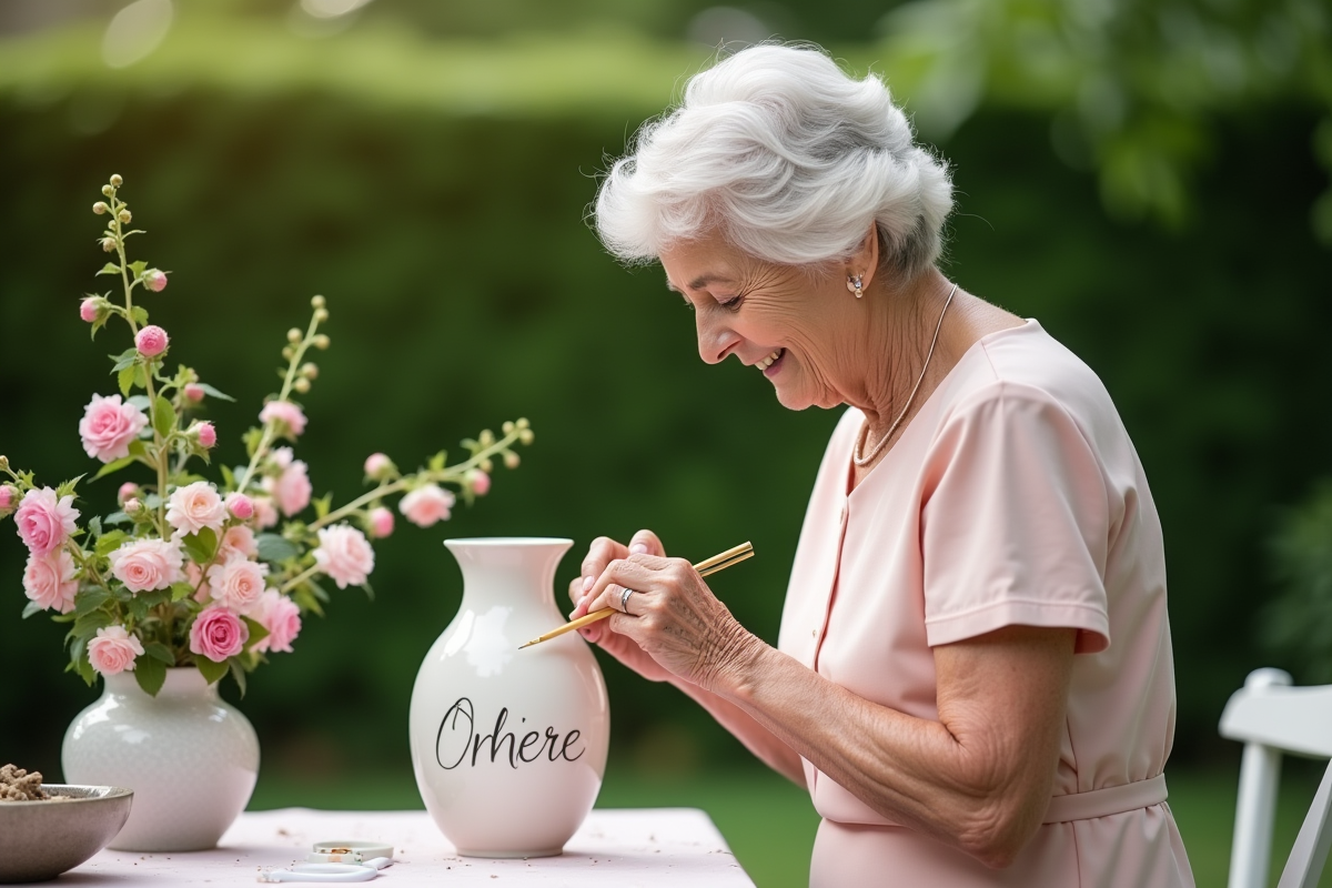 Femme peignant un vase en céramique dans un jardin fleuri