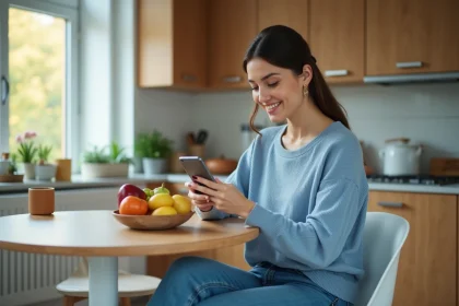 Femme assise dans une cuisine moderne regardant son téléphone