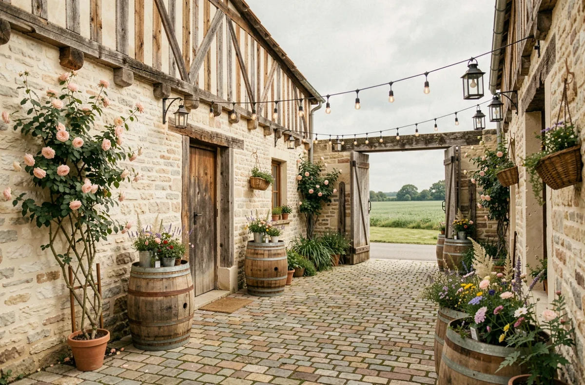 Cour intérieure de la Ferme de l'Épinette décorée avec des fleurs champêtres et des lanternes pour un mariage rustique
