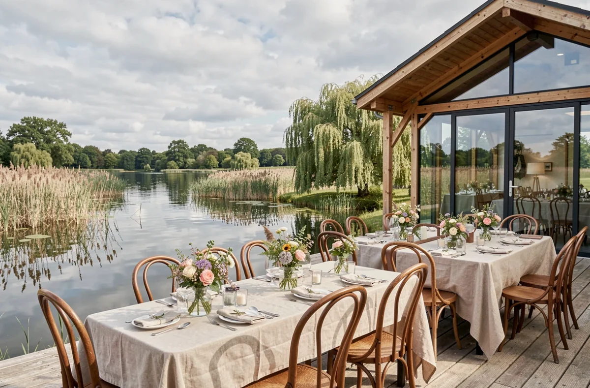 Ferme du Héron en pleine nature avec terrasse en bois sur le lac décorée pour un mariage eco-responsable