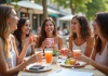 Groupe de jeunes femmes souriantes célébrant à un café en plein air