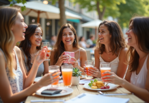 Groupe de jeunes femmes souriantes célébrant à un café en plein air