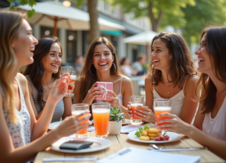 Groupe de jeunes femmes souriantes célébrant à un café en plein air