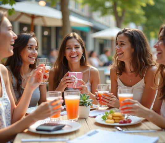 Groupe de jeunes femmes souriantes célébrant à un café en plein air