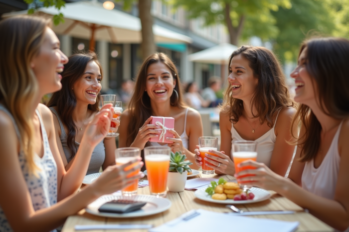 Groupe de jeunes femmes souriantes célébrant à un café en plein air