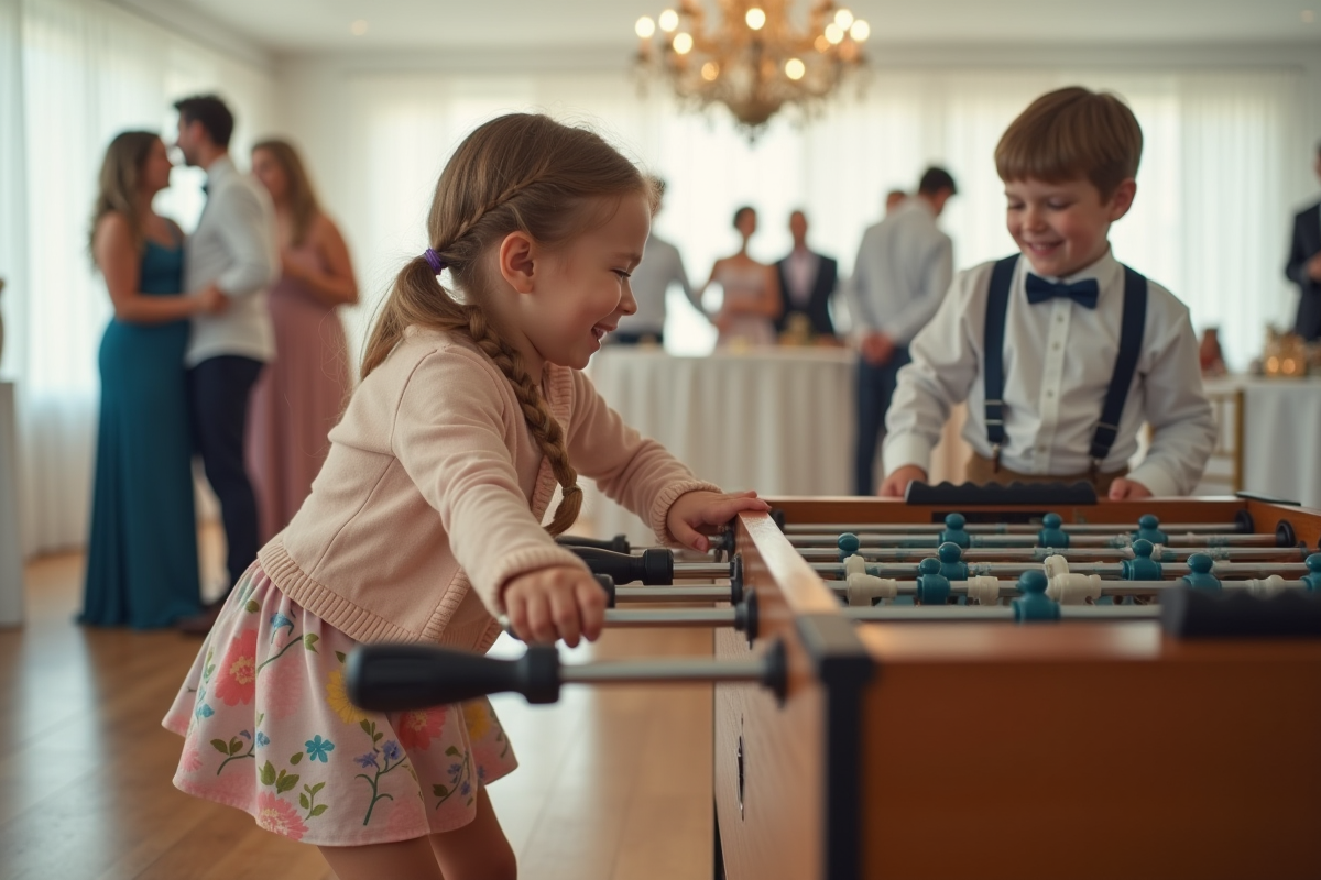 Fille avec garçon jouant au baby-foot dans une salle de mariage