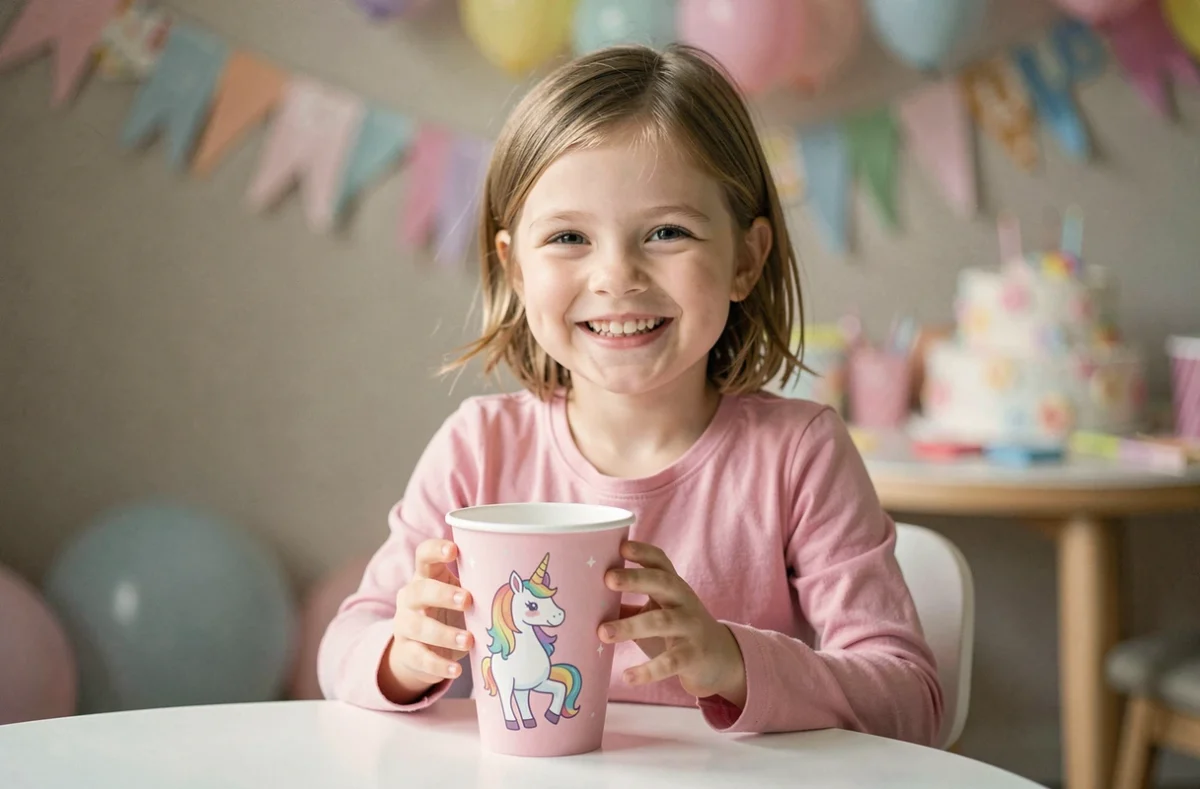 Fillette tenant un gobelet personnalisé licorne avec sa photo lors d'un anniversaire en intérieur aux décorations pastel