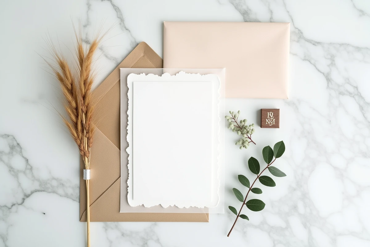 Flat lay de suite de papeterie de mariage raffinée sur marbre blanc avec calligraphie, vellum, herbe de pampa et envelope personnalisée