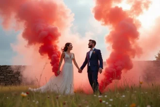 Couple de mariés tenant des fumigènes colorés rose et corail dans une prairie rustique lors d'un reportage photo de mariage