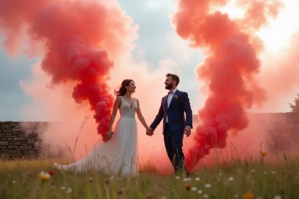 Couple de mariés tenant des fumigènes colorés rose et corail dans une prairie rustique lors d'un reportage photo de mariage