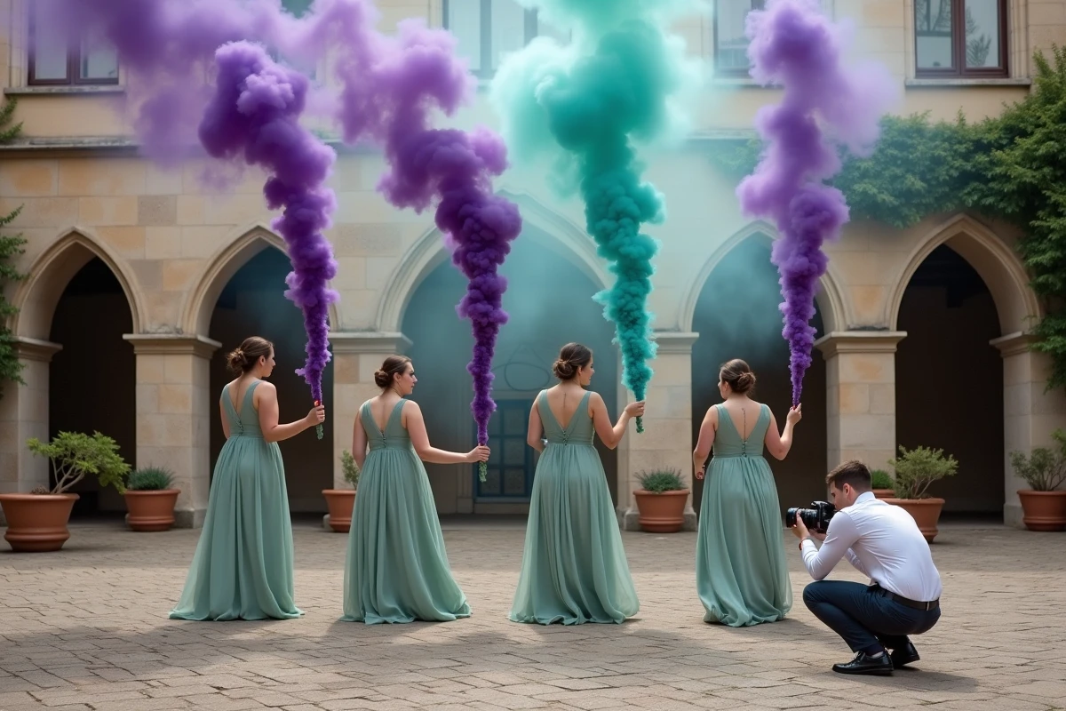 Demoiselles d'honneur avec fumigènes violet et teal dans la cour d'un château français lors d'un mariage élégant