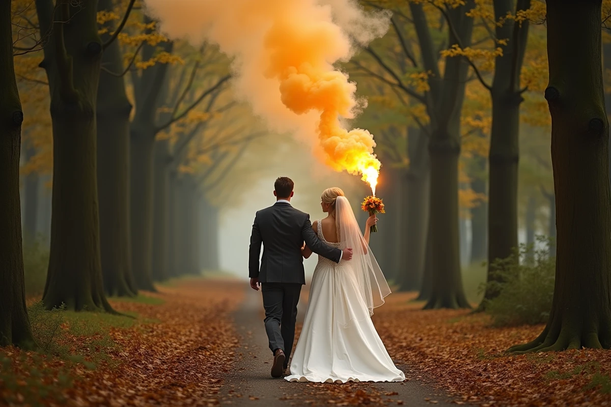 Couple de mariés de dos tenant un fumigène doré dans une allée forestière automnale lors d'un shooting photo de mariage